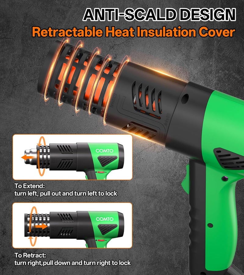 COMTO Store 1800W Industrial Heat Gun, Fast Heating 122℉-1202℉ Variable Temperature Control Overheat Protection 2 Speed Air Flow with 4 Nozzles for Crafts, Shrinking Tubing, Vinyl Wrap (SG-1004) - Image 4